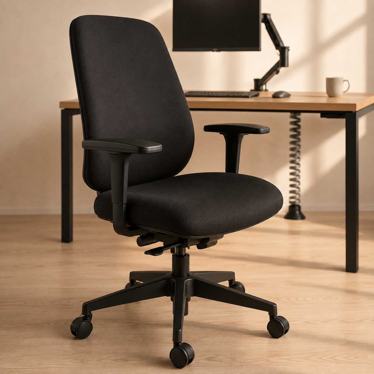 Dettaglio della poltroncina ergonomica in tessuto nero, inclusa nella Postazione Home Office Completa