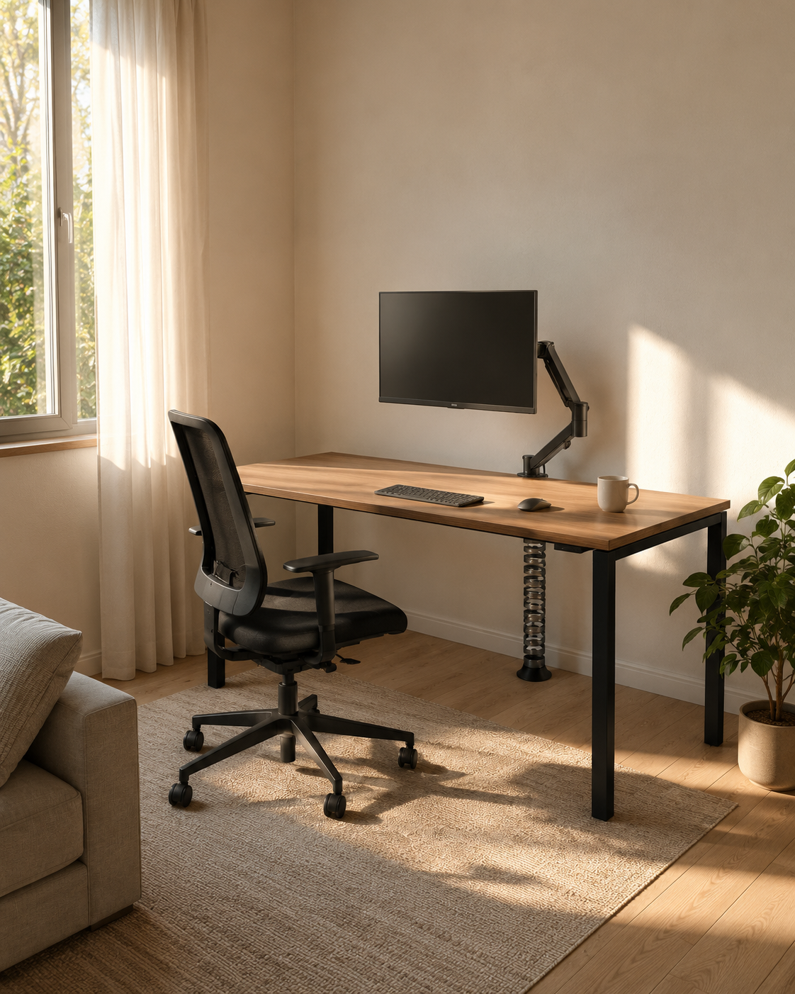 Postazione Home Office Completa in un soggiorno: scrivania, poltroncina, braccio porta-monitor e passacavi